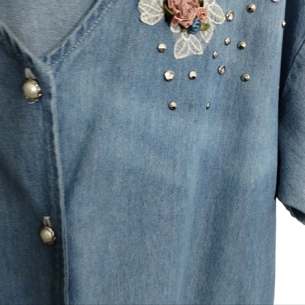 Vintage 80's 2X Spot Light Floral Embellished Cottagecore Grannycore Denim Dress